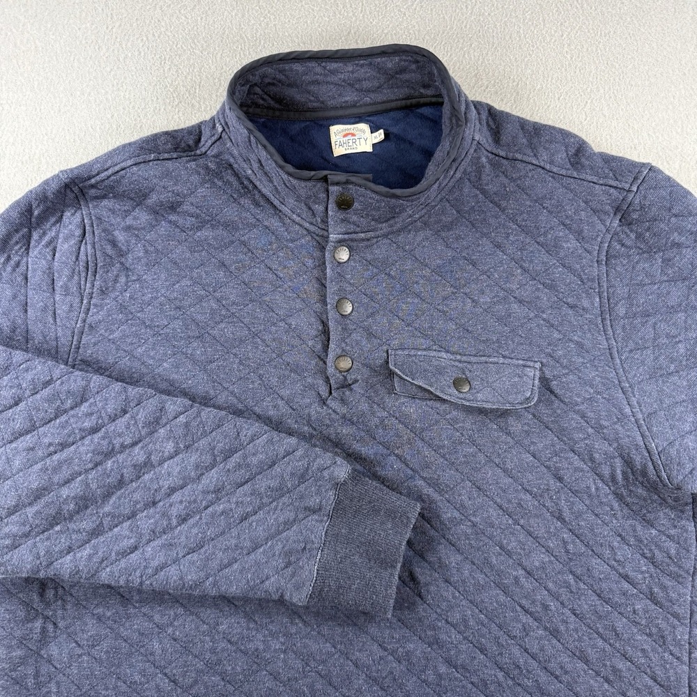Faherty Sweater Mens Size XL Epic Quilted Fleece Pullover Snap Button Navy Blue